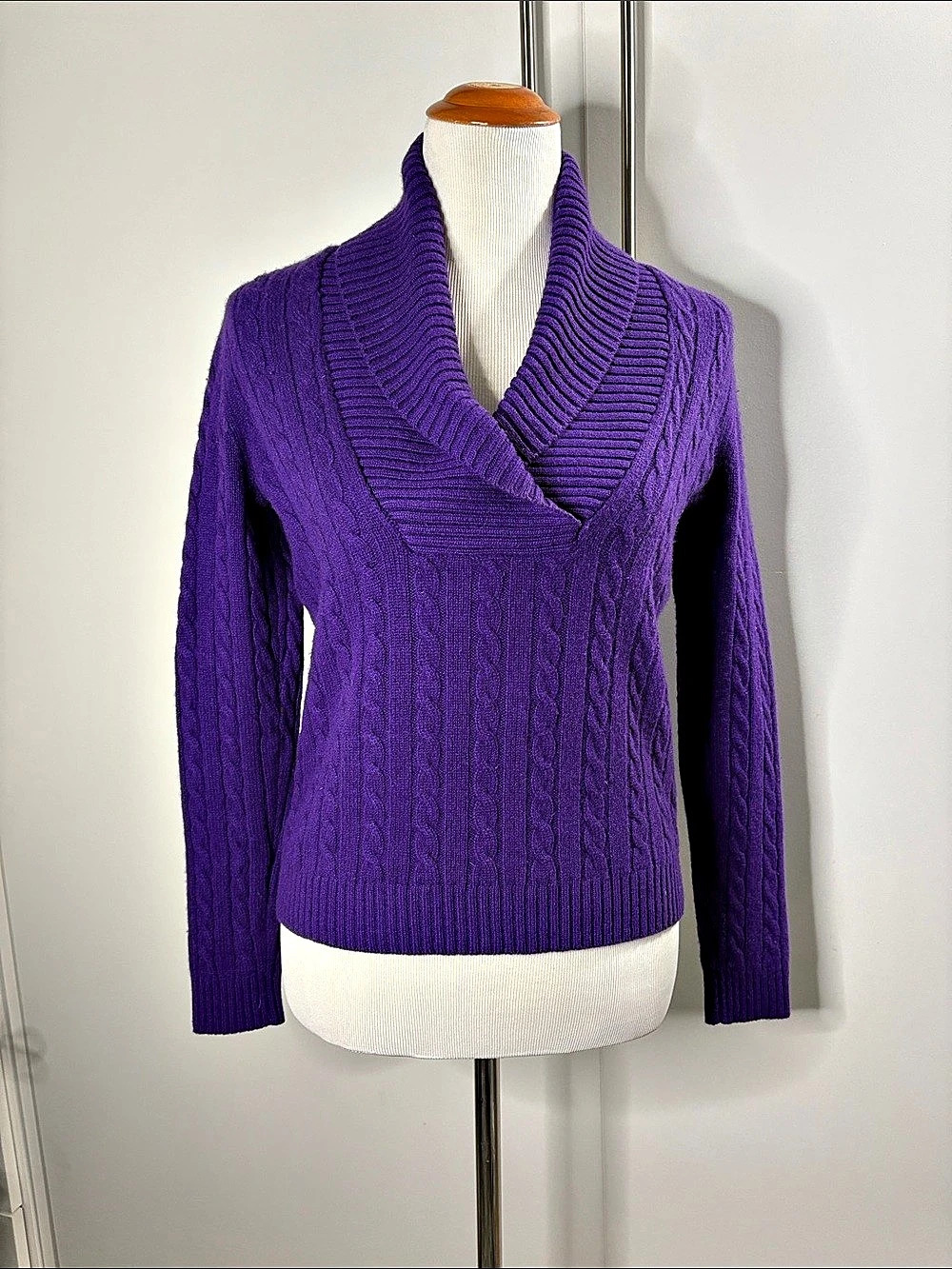 Lauren Ralph Lauren 100% Cashmere Shawl Collar Cable Knit Sweater Purple Small